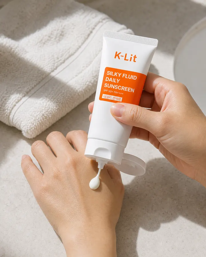 A small amount of K-Lit sunscreen dispensed on a hand