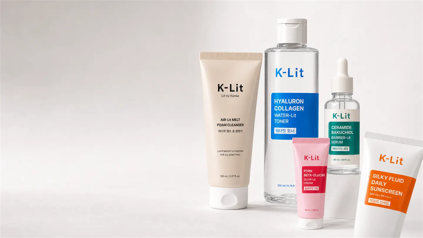 The five K-Lit skincare lines arranged together in soft daylight