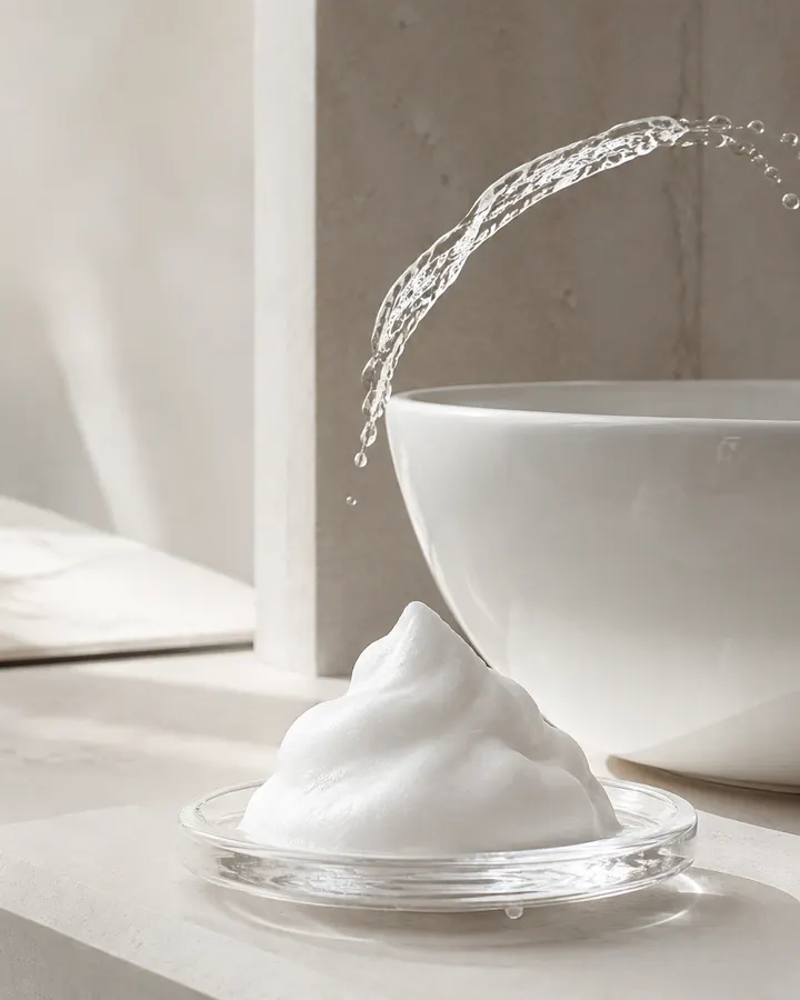 Silky cleansing foam beside porcelain with a clear arc of water