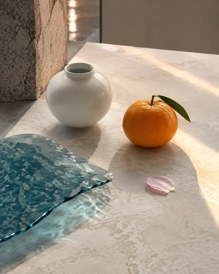 A contemporary Korean still life with a moon jar, tangerine, blossom and blue glass
