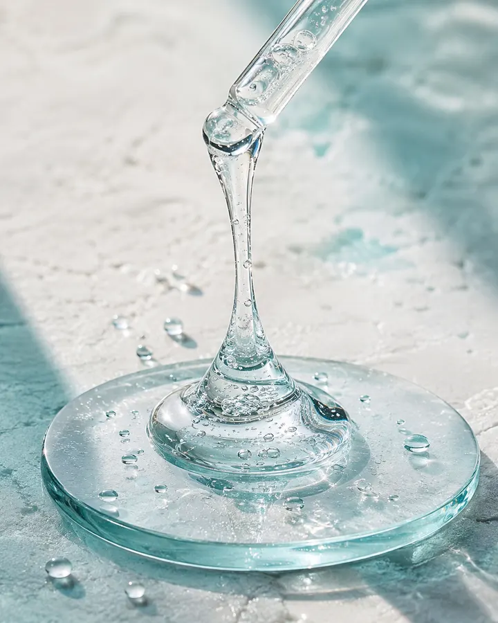 A clear viscous serum texture suspended over a glass plate