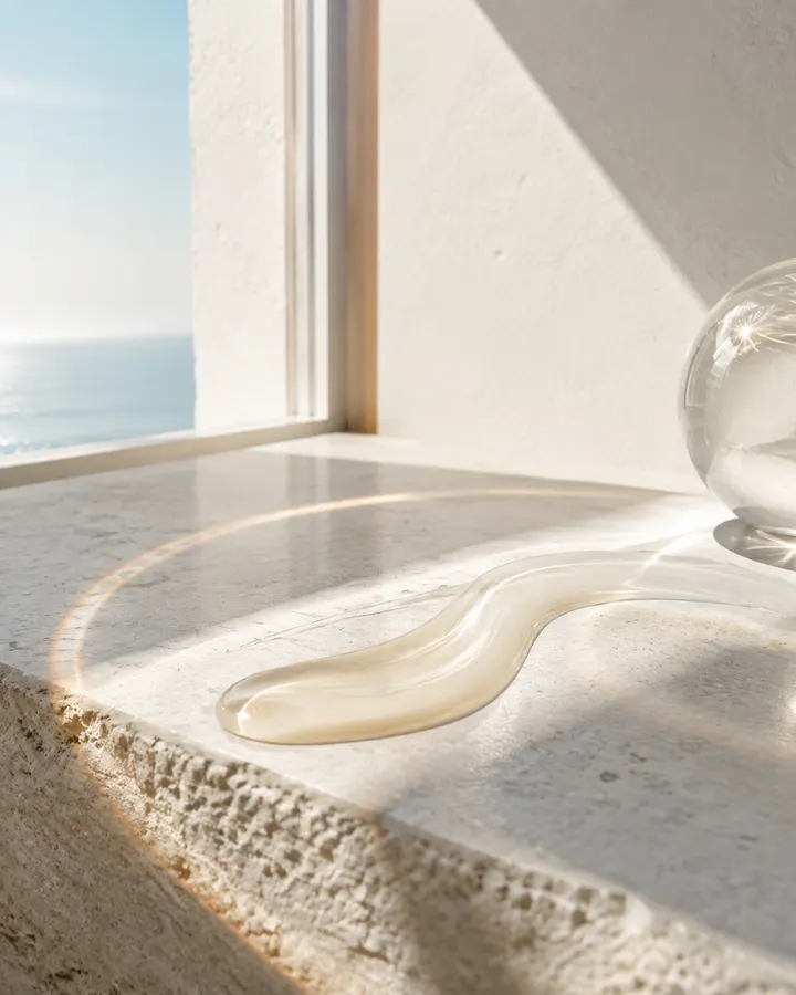 Silky sunscreen texture crossed by warm morning sunlight