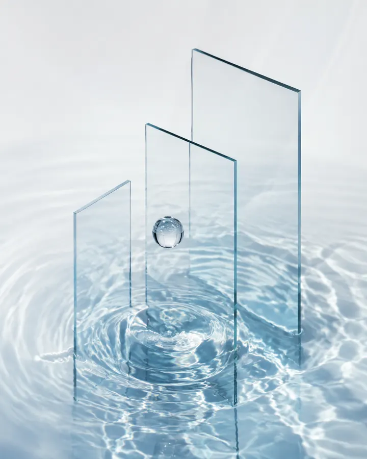 Blue glass planes and a clear droplet standing in rippling water