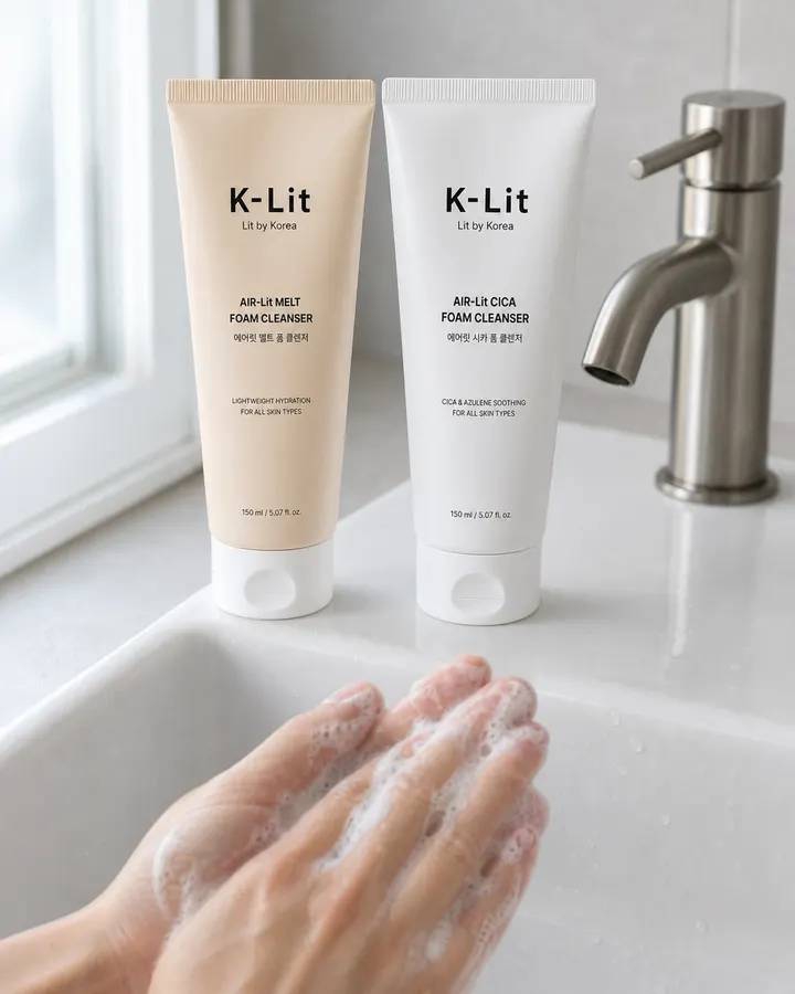 Foam cleanser lathered between wet hands