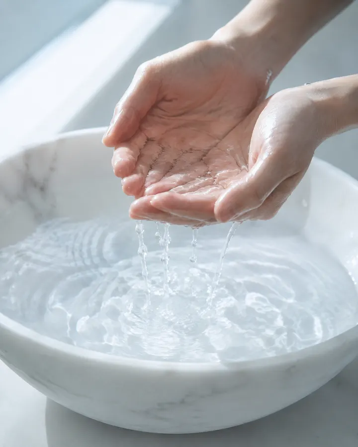 Hands cupping clear water over a white stone basin