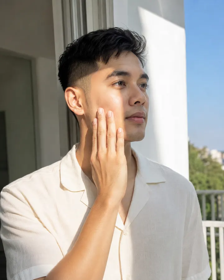 A man meeting clear morning sunlight beside an open window